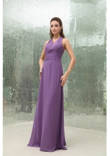 Chiffon Purple V-neck Bridesmaid Dress Ruched Floor-length