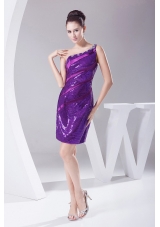 Purple Sequin Prom Dress Beading One Shoulder Mini-length