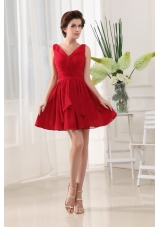 V-neck and Ruch Red For Prom Dress with Mini-length