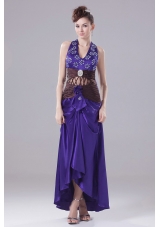 Purple Halter and High-low Beading Prom Cocktail Dress