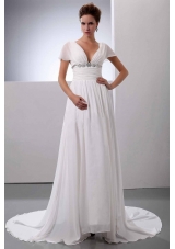 Short Sleeves V-Neck Court Train Chiffon Wedding Dress