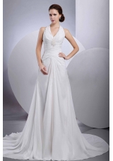 Halter White Chiffon Wedding Gown Dress Appliques