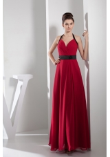 2013 Simple Column Halter Sash Long Red Prom Dress