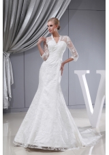 Lace V-neck Mermaid Court Train 3/4 Sleeves Wedding Dress