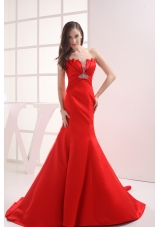 Red Mermaid Strapless Beading Ruching Wedding Dress