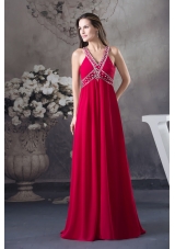 Red V-neck Empire long Criss Cross Beading 2013 Prom Dress