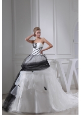 White and Black Appliques Ball Gown Strapless Chapel Train Wedding Dress