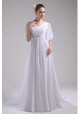 Empire V-neck Ruching Half Sleeves Cheap Wedding Dress