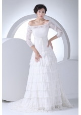 Lace Column Off The Shoulder Court Train Wedding Dress