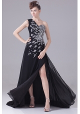 Beading One Shoulder High Slit Black Prom Dress