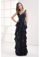 Column Navy Blue V-neck Ruffled Layers Ruching Prom Dress