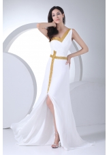 Column One Shoulder Ruching Sequins Wedding Dress