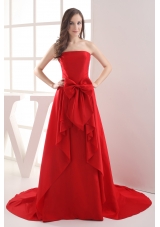 Red A-line Bowknot Brush Train Taffeta Prom Dress