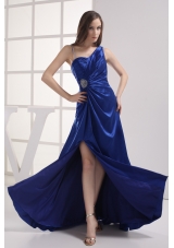 Royal Blue High Slit One Shoulder Ruching Beading Prom dress