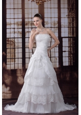 Ruffled Layers Strapless Lace Hand Made Flower Pleat Wedding Dress