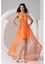 Halter Top V-neck Sheath High Low Prom Dress with Appliques