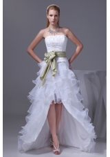 White High-low Embroidery Organza Prom Dress for Women with Sash