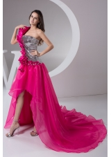 Asymmetrical Court Train Hot Pink Prom Dresses with Flowers