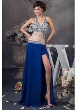 Blue Halter Prom Dresses with Rhinestone and Sheer Waist