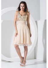 V-neck Knee-length  Prom Dresses with Sequins and Ruched Sash