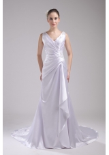 Column V-neck Ruching and Appliques Bridal Dress in 2013
