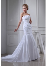 Court Train Strapless Ruched White Wedding Dress with Beading
