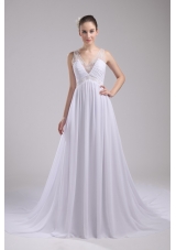 Empire V-neck Ruching and Appliques Chiffon Wedding Dress for Cheap