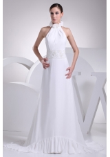 Discount Halter Chiffon Wedding Dress with Appliques and Hand Made Flowers