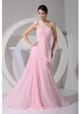 Baby Pink Bowknot One Shoulder Sheath Prom Dresses with Ruffles