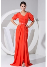 Jeweled Open Sleeves Coral Red Prom Dresses with Slit