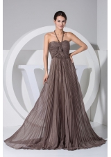 Princess Pleated Halter Top Prom Dresses in Brown with Sweep Train