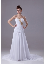 White Sweetheart Sweep Train Wedding Dress with Ruche and Beaded Embroidery