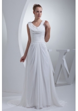 Column Sweep Train Bridal Dresses with Sash and Dropped Neckline