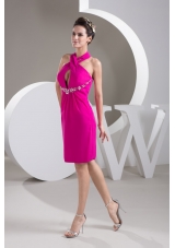 Cutout Halter Top Cool Back Short Beading Prom Dress in Fuchsia