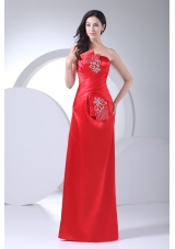 Floor-length Strapless Ruched Beaded Prom Dress in Red Fast Shipping