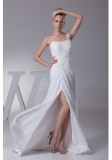 Ruched and Beaded One Shoulder Brush Train Bridal Gown with HIgh Slit