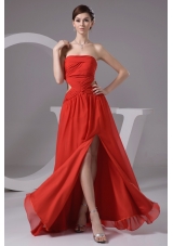 Rust Red Strapless High Slit Chiffon Prom Dress with Cutout Waist