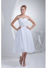 Tea-length Sweetheart Ruche Bridal Dress with Jewelry Decorated Ribbon