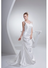 Wide Straps Ruching and Pick-ups Decorated Sweep Train Wedding Gown