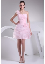One Shoulder Short Baby Pink Ruched Prom Dress with Handmade Flower