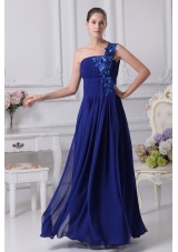 Royal Blue One Shoulder Appliques Beaded Ruched Prom Dress