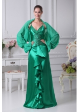 Sheath Spaghetti Straps Beading Ruching Green Prom Dress