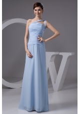 One Shoulder Ruched Long Chiffon Prom Gown Dress in Light Blue