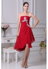 Strapless Red Prom Dresses with Asymmetrical Edge and White Appliques