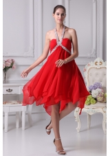 Appliques with Beading Decorated Halter Prom Dresses with Ruffled Edge