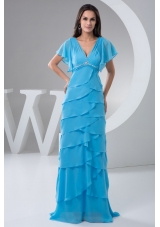 Aqua Blue V-neck Ruffle-layers Prom Dresses with Gore Sleeve