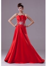 Beaded Sweep Train Prom Dresses with Ruffled Strapless Neckline