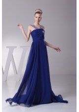 Beading and Ruching Chiffon Prom Dresses with Sweep Train