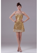 Gold Mini-length Column Sequin Prom Dress Decorated with Beadings