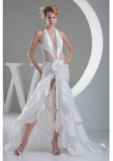Halter Top High-low White Wedding Dress with Handmade Flower
